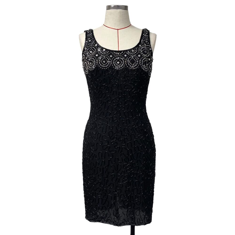 Vintage Night Vogue Womens Size M Black Beaded Sleeveless Dress